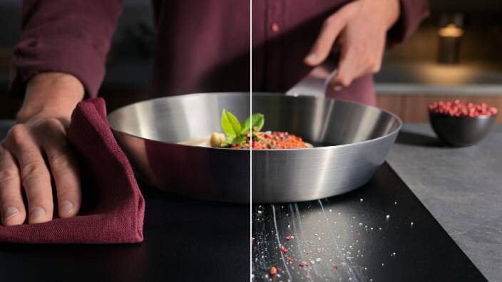 Usporedne slike – s desne strane muškarac čisti staklenu ploču za kuhanje s kuhinjskom krpom, a s desne strane ploča je prljava i ima ogrebotine.