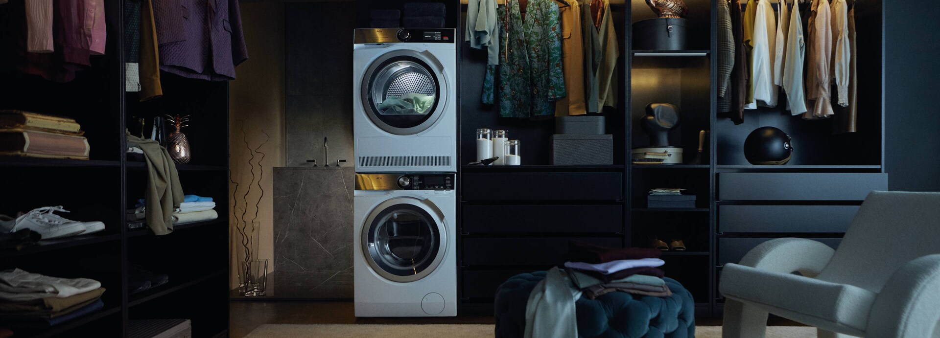 Dark room with washer and dryer